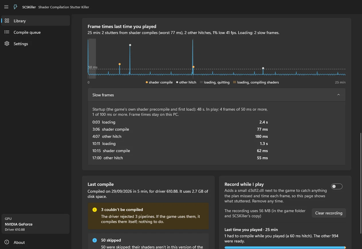 A game's page: the frame times of the last session, with shader compile stutters marked apart from other hitches and loading, the list of slow frames, and the optional recorder switch.