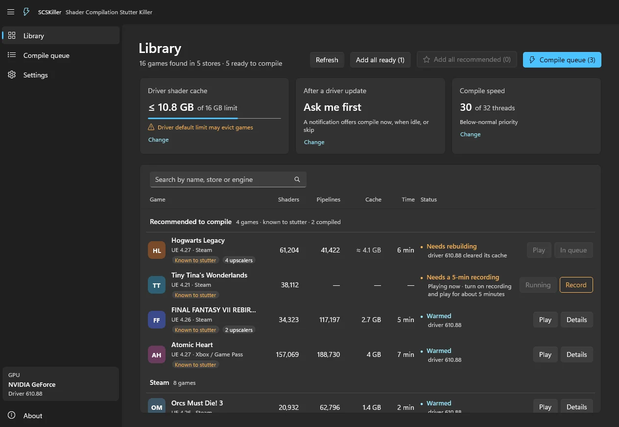 SCSKiller's library: games grouped by store, with shader and pipeline counts, cache size, compile time and a status such as Needs rebuilding or Warmed, and Play buttons.