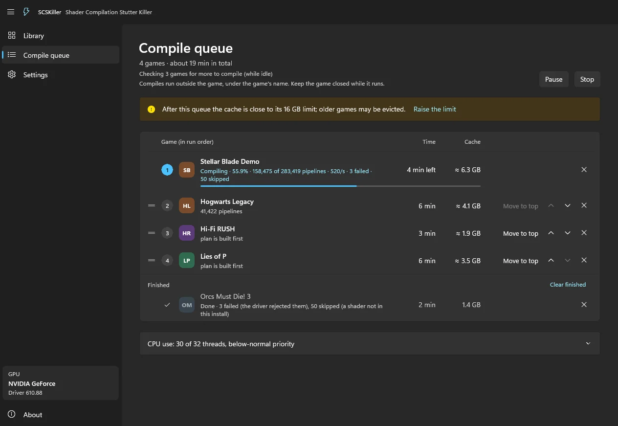 The compile queue: one game compiling at 56 percent with pipelines per second, three games waiting, one finished.